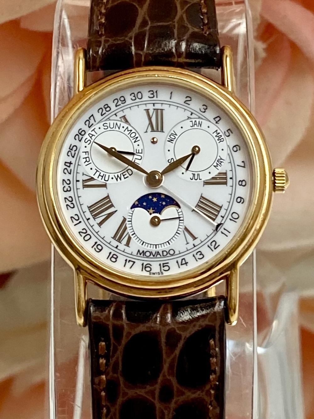 Vintage Movado Swiss Made Triple Date Moon Phase Ladies Dress Watch